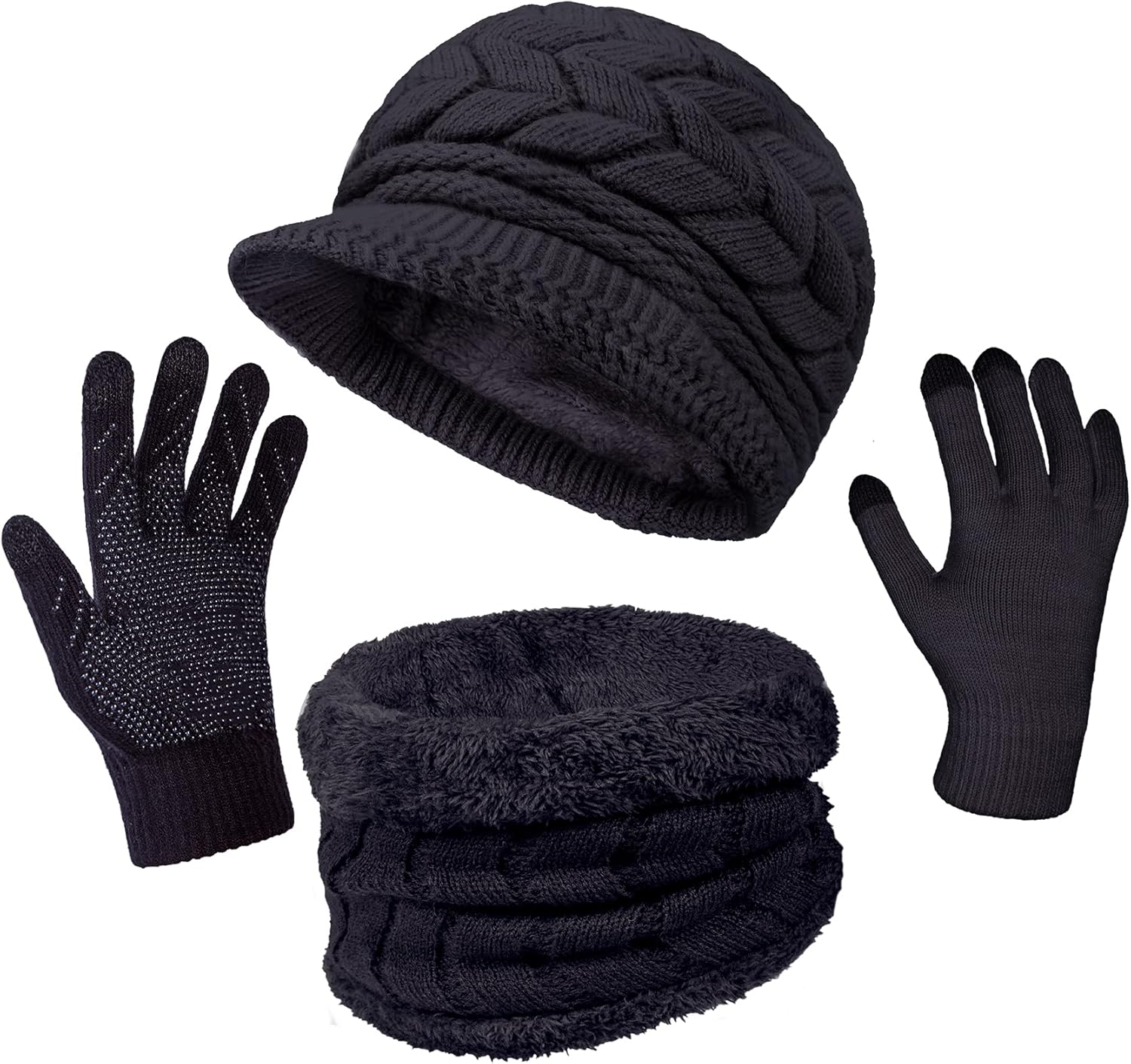 3-Pieces Winter Hat Gloves Scarf Set, Knit Warm Beanie Hat Neck Warmer Touch Screen Mittens for Women